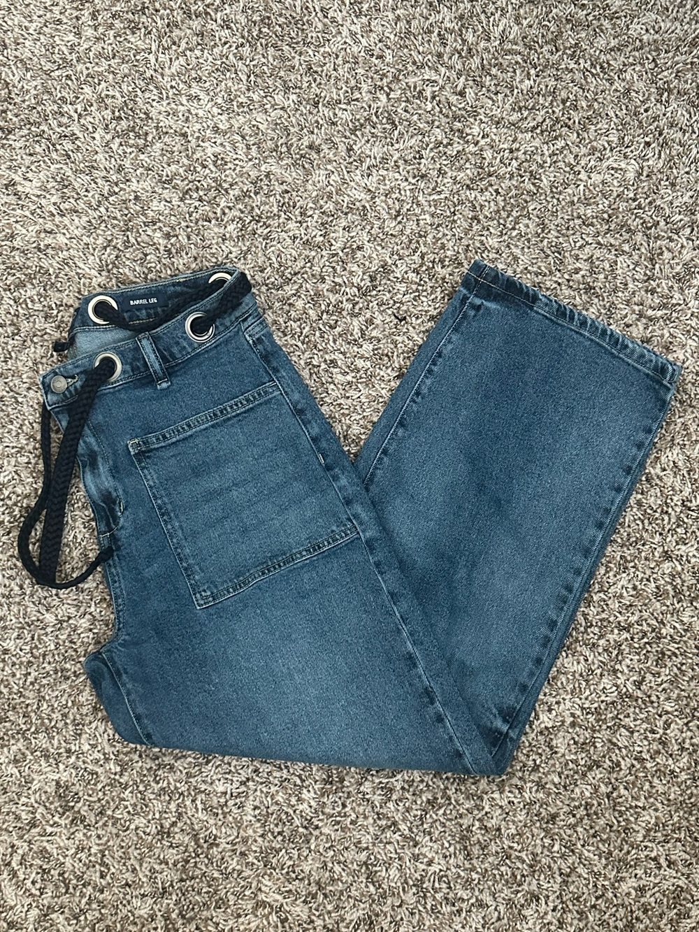 Straight-Leg High-Waist Jeans with Lace-Up Waistband - Dark Blue